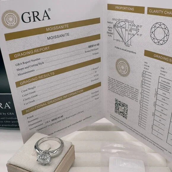 Moissanite Solitaire Engagement Ring 3.0Ct 9Mm Size 7 GRA Certified - Picture 4 of 12